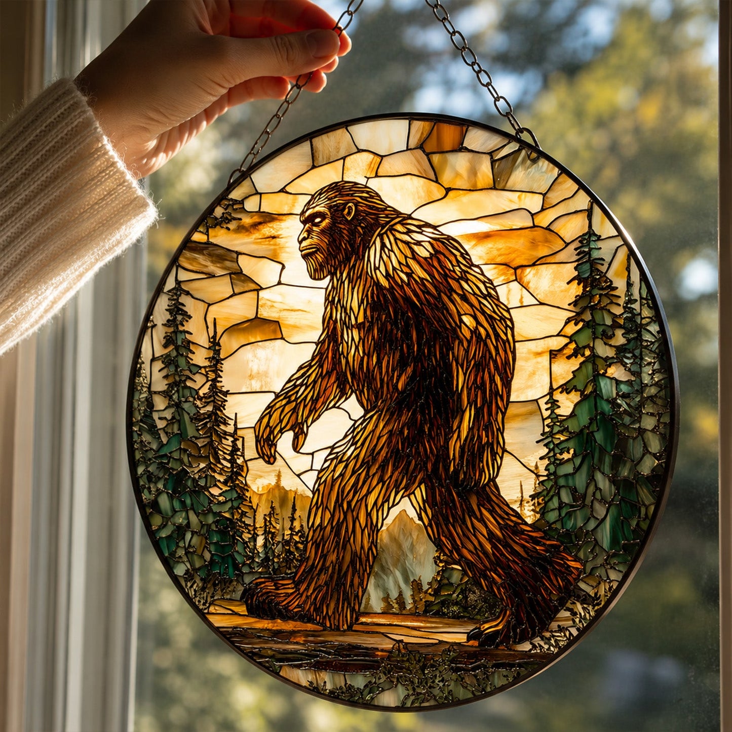 Bigfoot Golden Forest Stained Glass Suncatcher