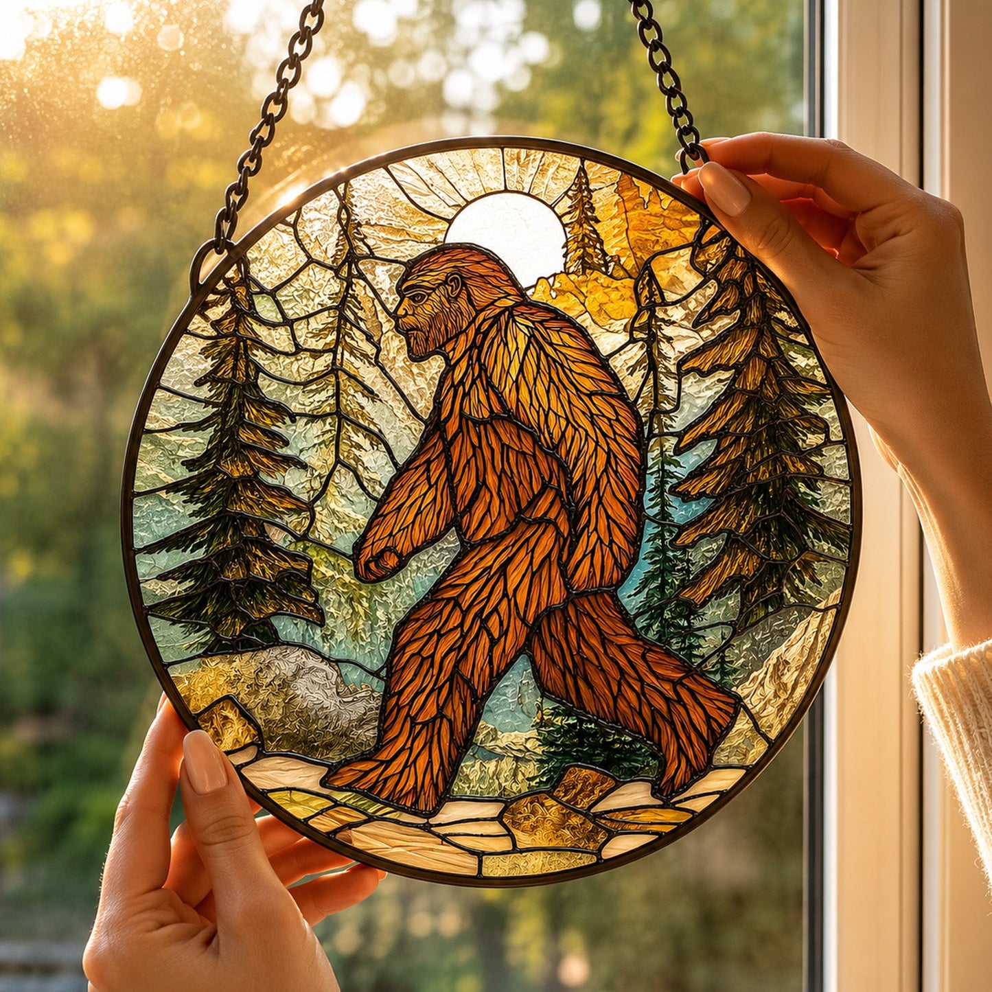 Bigfoot Forest Sunset Stained Glass Suncatcher