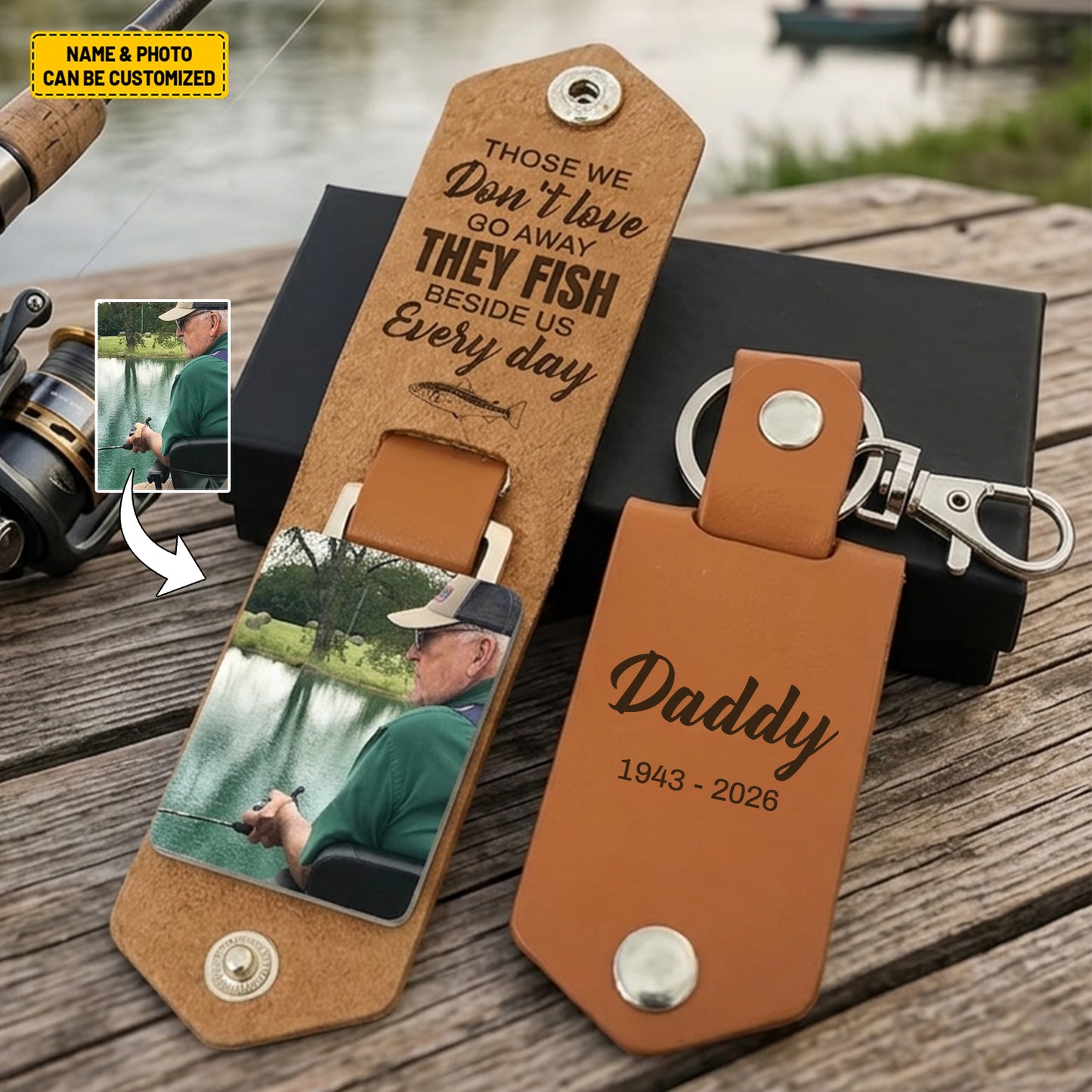 Those We've Lost Live On Through Every Cast – Personalized Memorial Fishing Leather Keychain