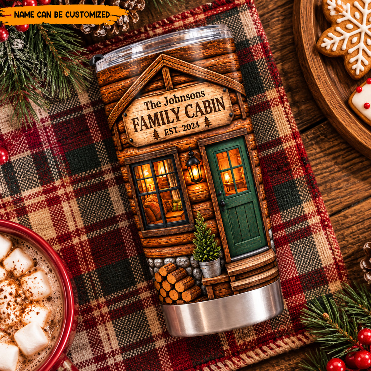 Personalized Family Cabin Tumbler, Custom Log Cabin Travel Mug, Rustic Home & Cabin Gift, Camping Tumbler with Name