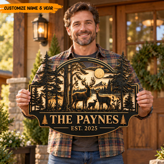 Personalized Deer Family Metal Sign - Custom Family Name Sign EST - Forest Cabin Wall Decor - Housewarming Gift for Family