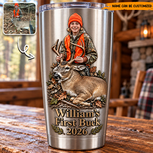 Personalized Deer Hunting Stainless Steel Tumbler, Custom Hunter Photo & Name Travel Mug, First Harvest Hunter Gift