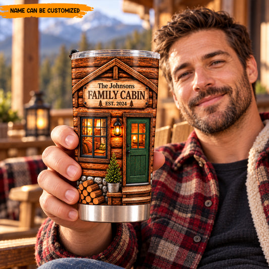Personalized Family Cabin Tumbler, Custom Log Cabin Travel Mug, Rustic Home & Cabin Gift, Camping Tumbler with Name