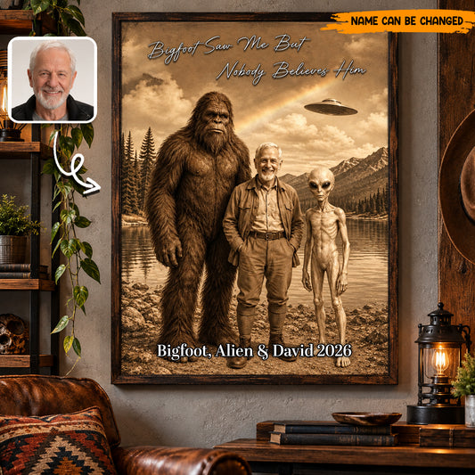 Custom Funny Bigfoot Poster & Canvas, Personalized Alien and Man Wall Decor