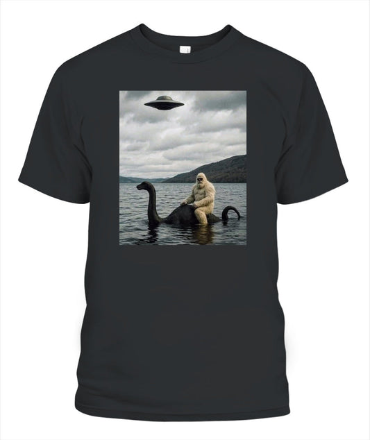 Bigfoot Rides Nessie – Legendary Lake Monster Shirt