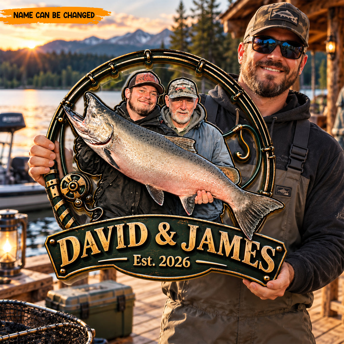 Personalized Fishing Metal Sign, Custom Fishermen Photo & Names Metal Wall Art, Deep Sea Fishing Gift