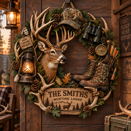 Custom Deer Hunting Wreath Wood Sign, Personalized Cabin Lodge Decor