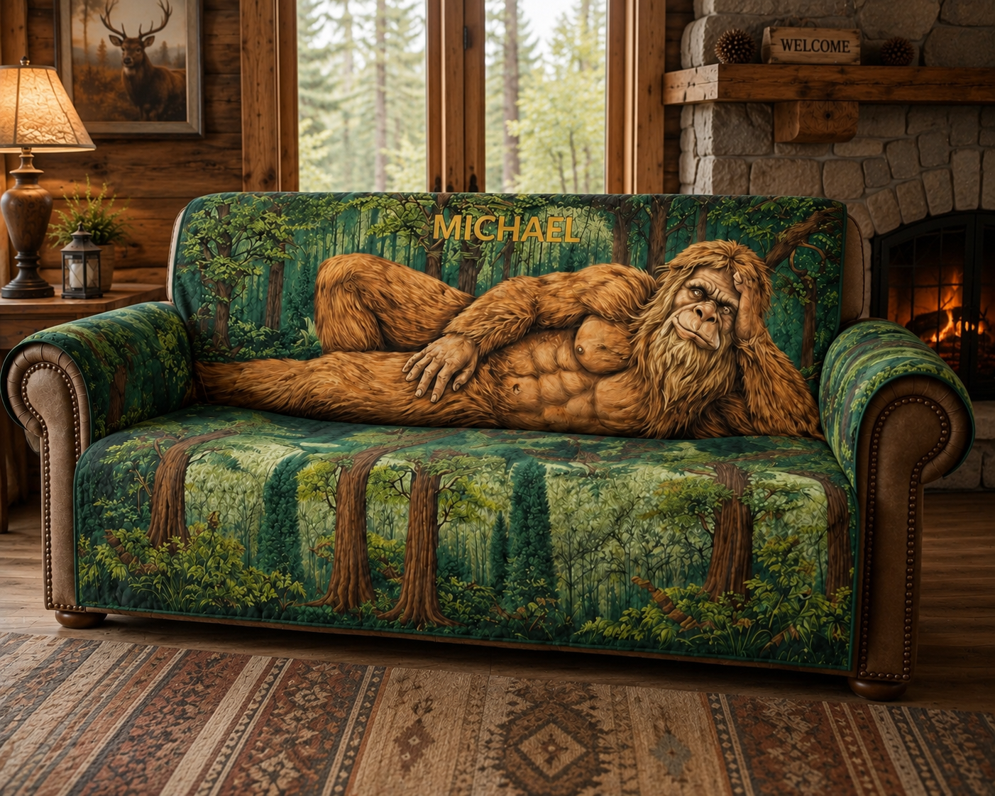 Personalized Bigfoot Woodland Lounge Quilted Sofa Cover