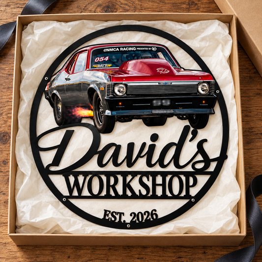 Drag Racing Pride – Personalized Race Car Photo, Name & Year Workshop Metal Sign