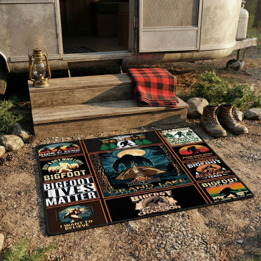 Vintage Bigfoot Camping Collage Doormat
