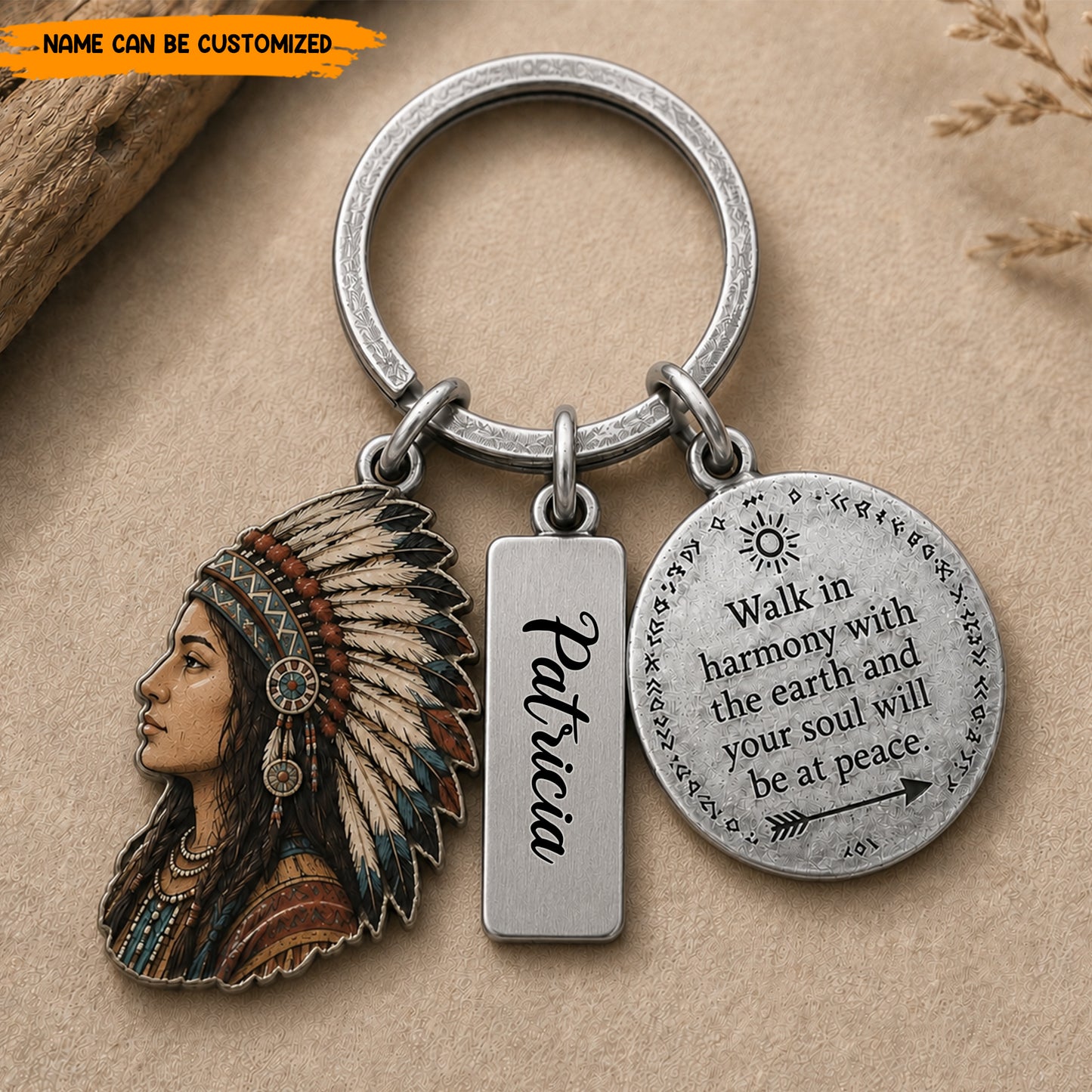 Personalized Native American Keychain, Custom Name Engraved Quote Keyring, Spiritual Chief Headdress Pendant Gift for Him