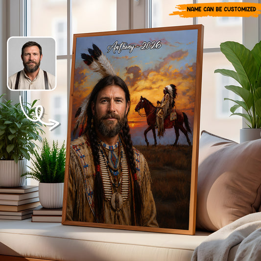 Custom Native American Portrait from Photo – Personalized Poster & Canvas Print for Men