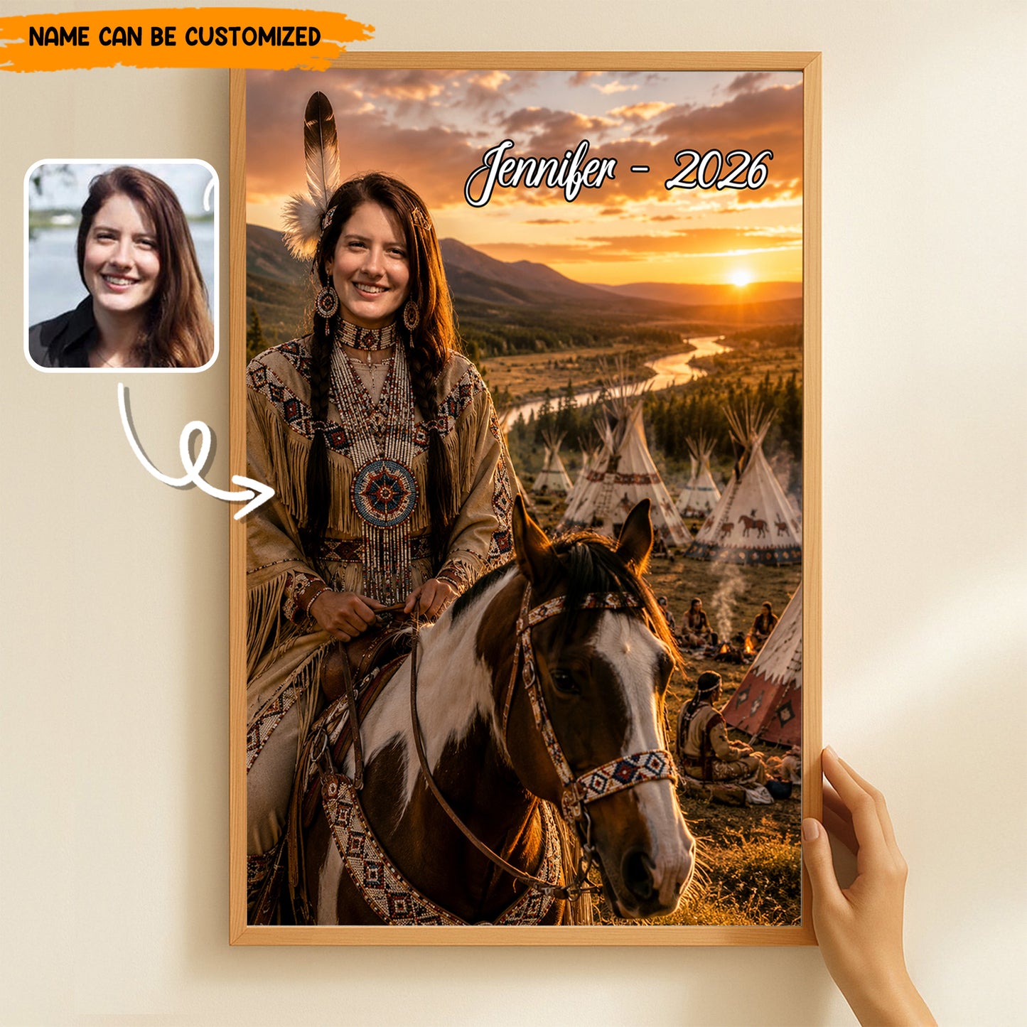 Personalized Native American Portrait, Custom Photo to Native Woman Riding Horse Poster & Canvas