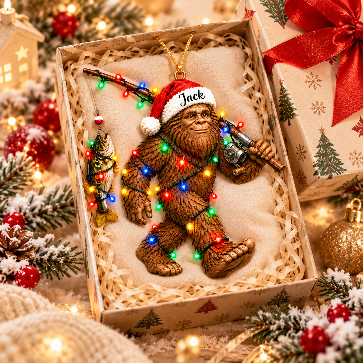 Personalized Bigfoot Fishing Christmas Ornament, Custom Sasquatch Ornament, Funny Bigfoot Gift