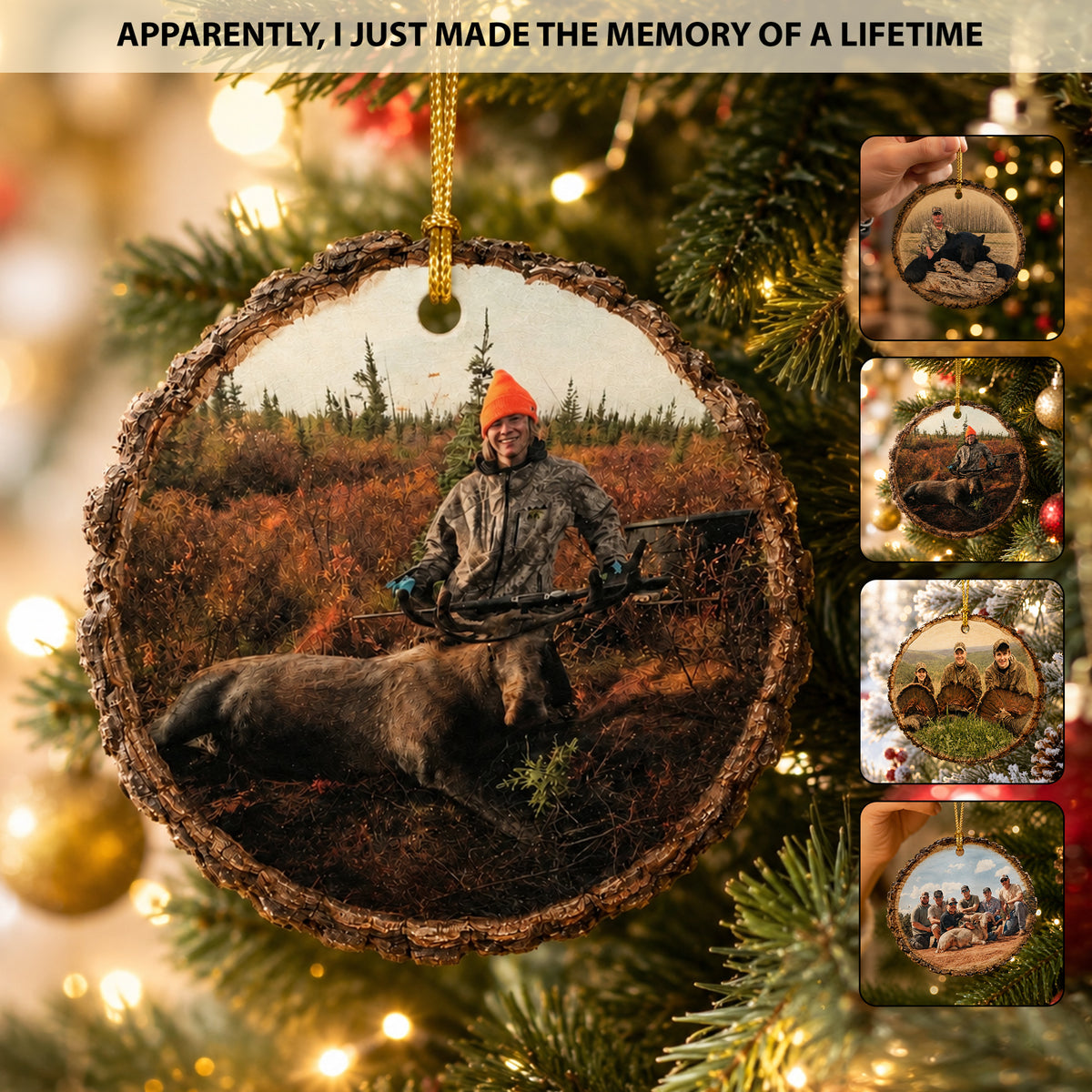 Custom Hunting Photo Wood Slice Christmas Ornament, Personalized Hunter Memory Tree Hanging Ornament