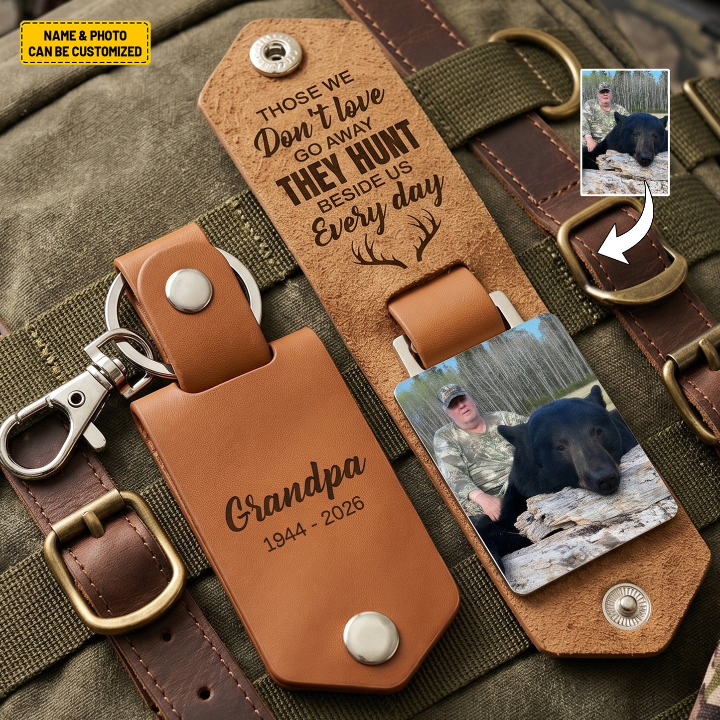 Personalized Leather Memorial Hunting Keychain with Custom Photo & Name