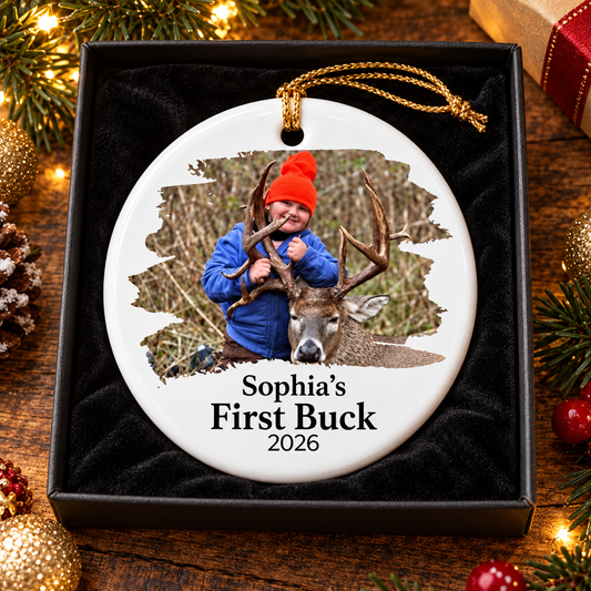 Personalized Deer Hunting Photo Christmas Ornament, Custom First Buck Keepsake