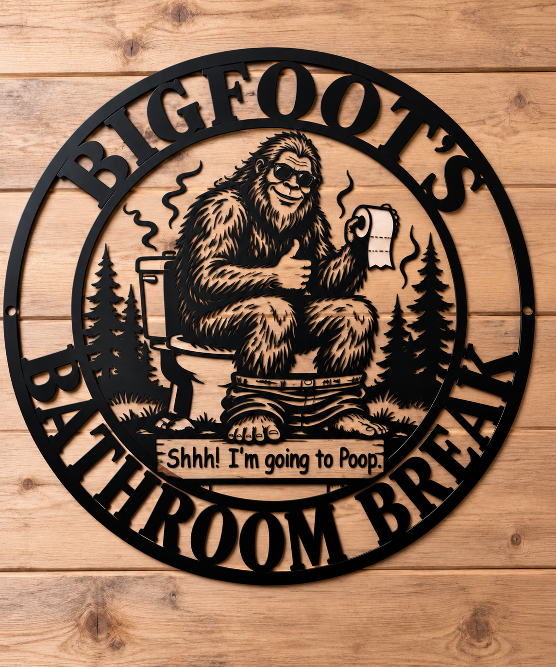 Funny Bigfoot Metal Wall Art – Sasquatch Bathroom Sign, “Shhh! I’m Going to Poop” Black Metal Silhouette Wall Hanging, Humorous Cabin Bathroom Decoration, Gift for Bigfoot Lovers