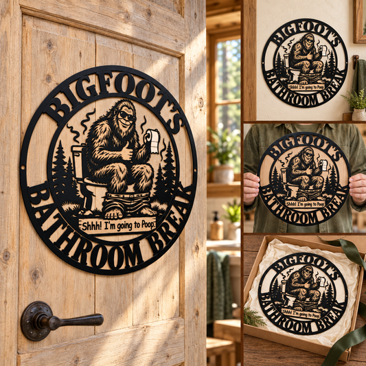 Funny Bigfoot Metal Wall Art – Sasquatch Bathroom Sign, “Shhh! I’m Going to Poop” Black Metal Silhouette Wall Hanging, Humorous Cabin Bathroom Decoration, Gift for Bigfoot Lovers