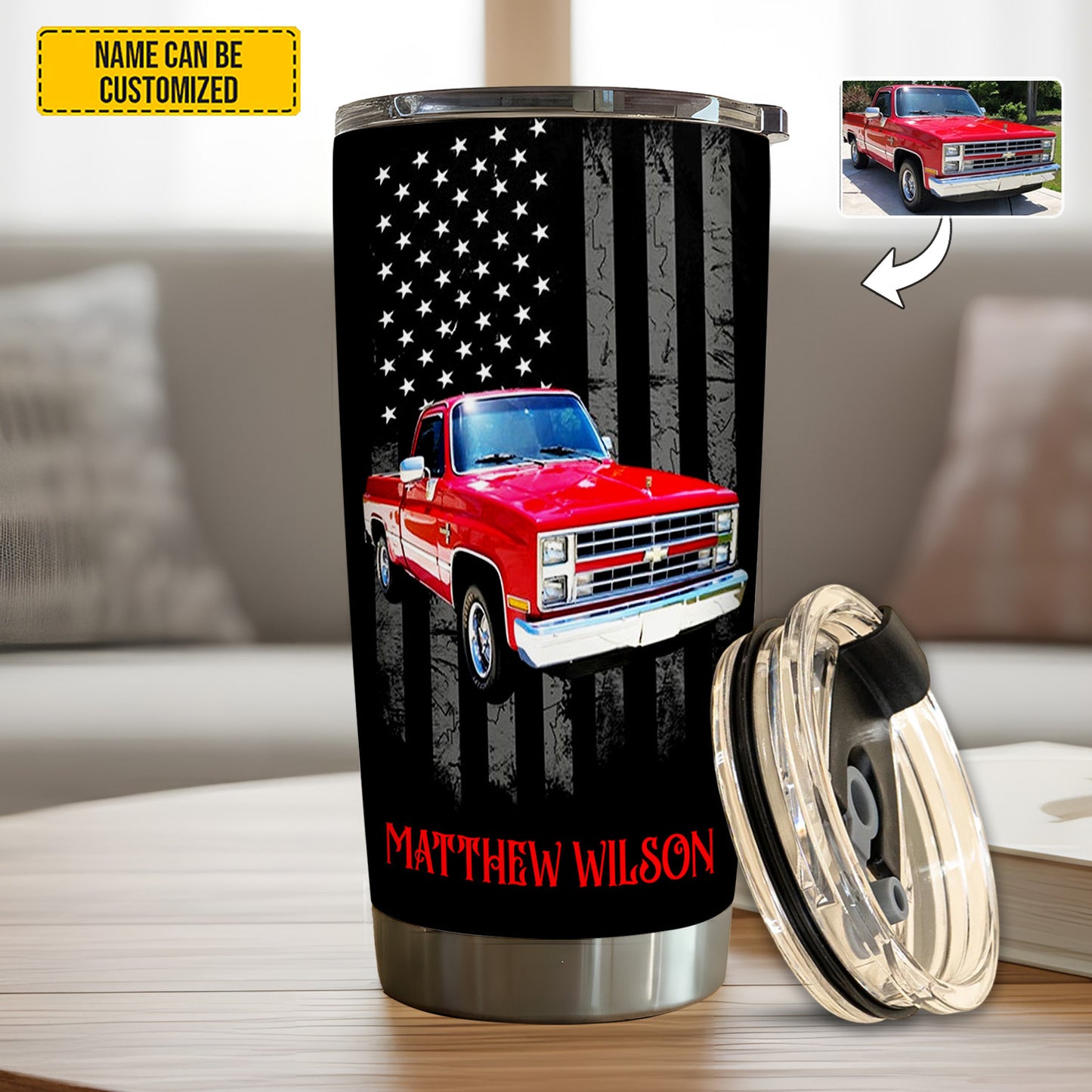 Personalized Classic Vehicle Tumbler – Vintage American Flag Gift