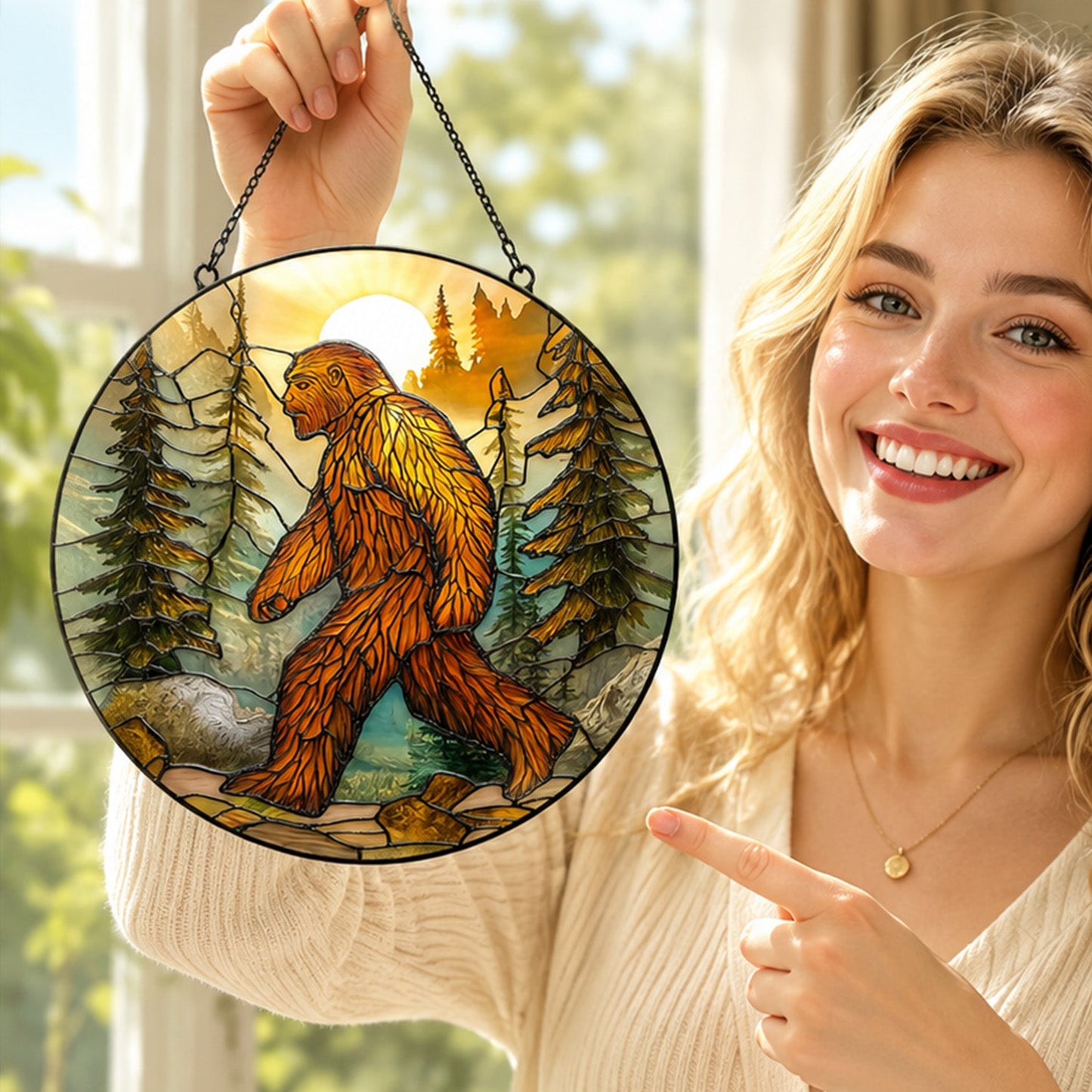 Bigfoot Forest Sunset Stained Glass Suncatcher