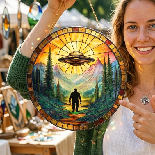 Bigfoot UFO Stain Glass Suncatcher