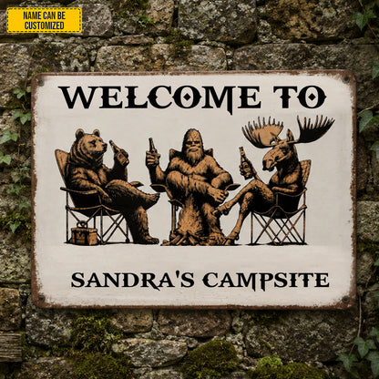 Personalized Campsite Metal Sign - Bear Bigfoot Moose Camping Decor