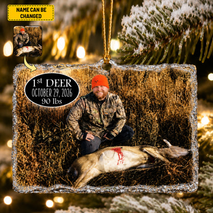 Custom First Deer Hunting Photo Ornament - Personalized Slate Stone Christmas Tree Decoration