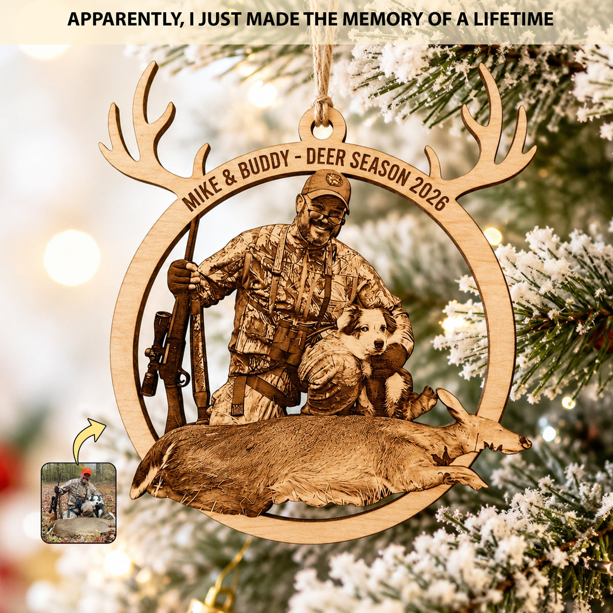 Personalized Hunting Photo Ornament - Custom Wooden Antler Christmas Keepsake