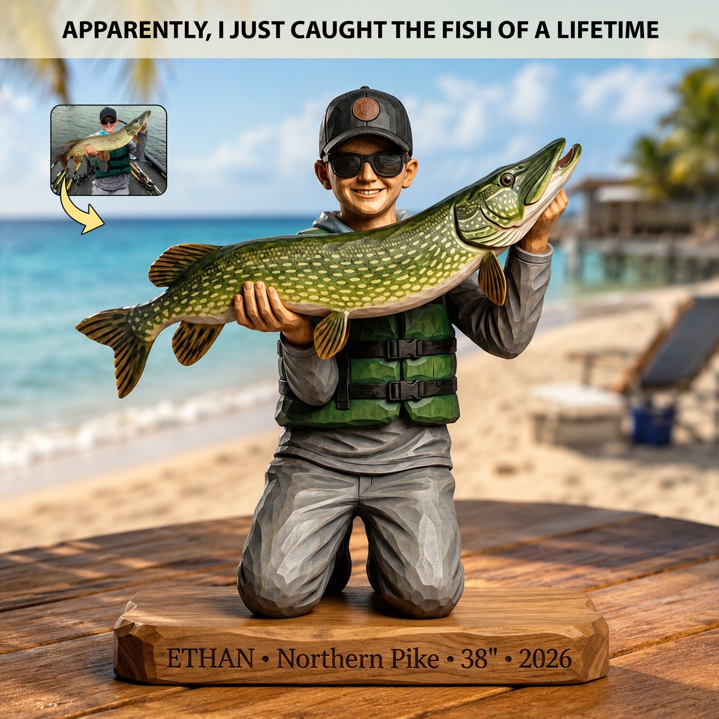 Custom Fishing Memory Carved Wooden Statue – Personalized Wooden Block