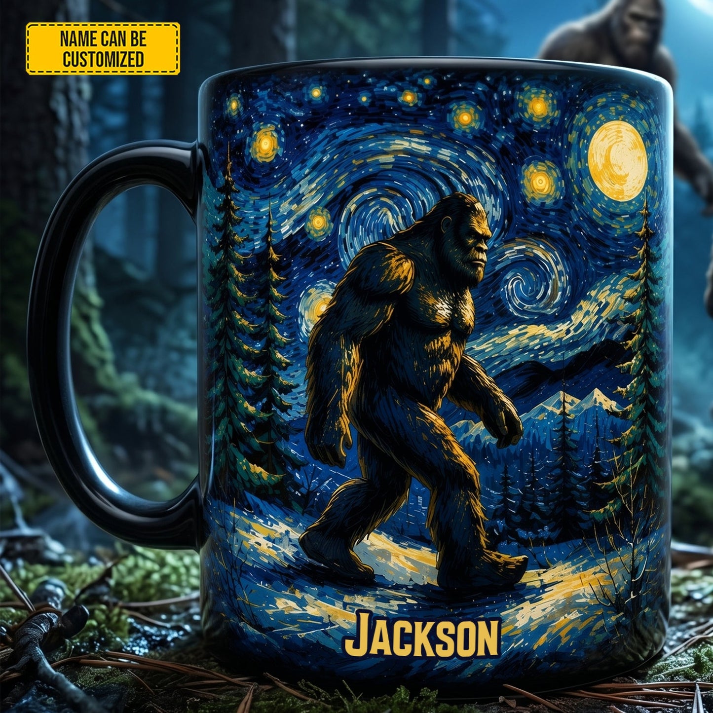 Starry Night Bigfoot - Personalized Bigfoot Black Mug