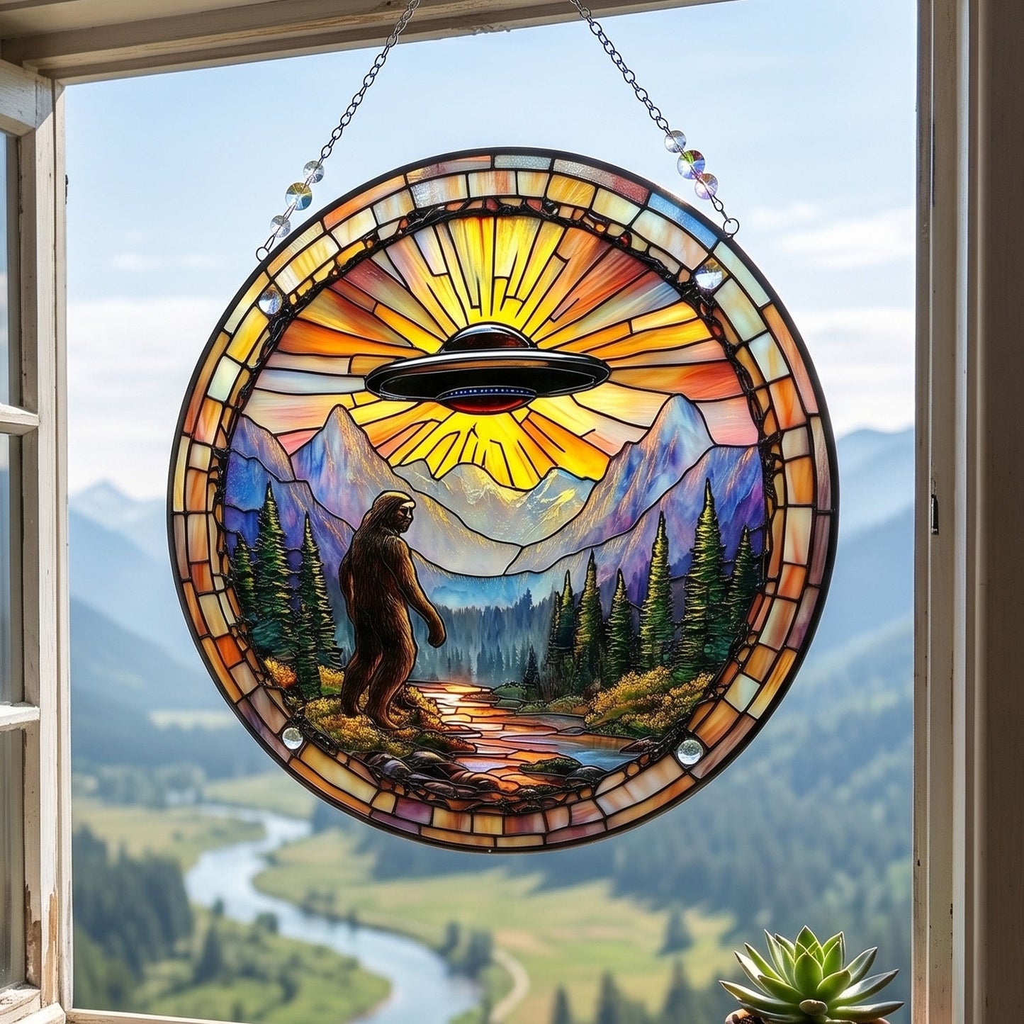 Bigfoot UFO Stain Glass Suncatcher