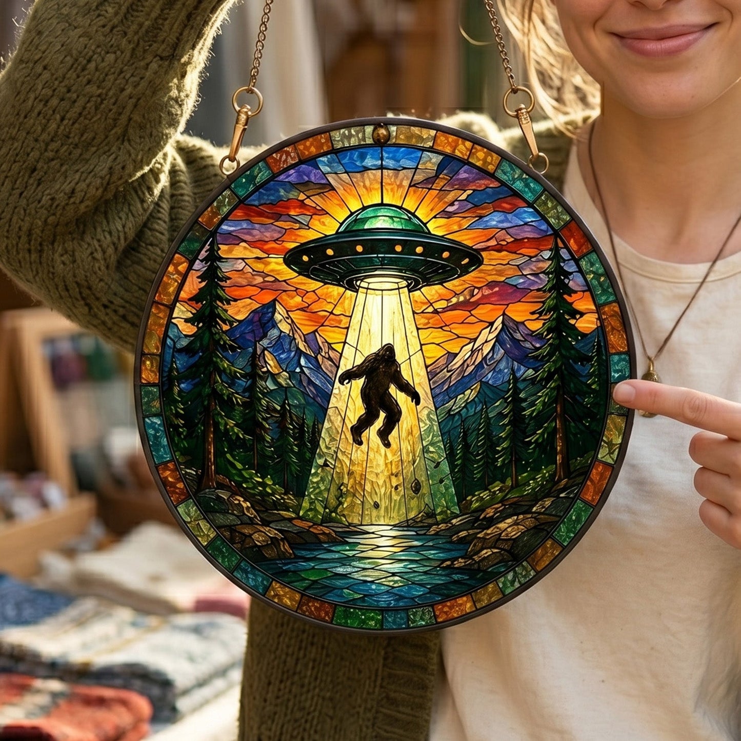 Bigfoot UFO Stain Glass Suncatcher