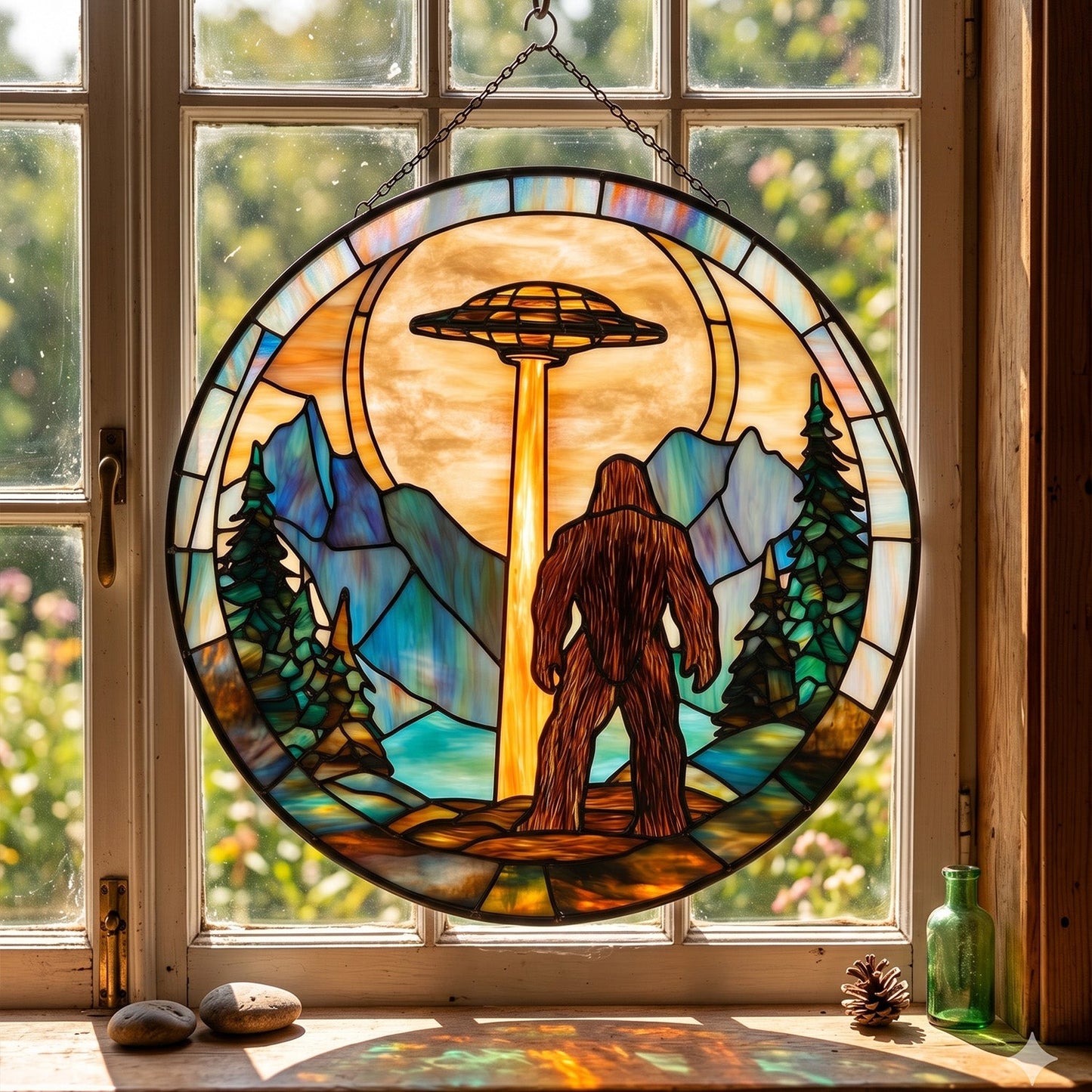 Bigfoot UFO Stain Glass Suncatcher