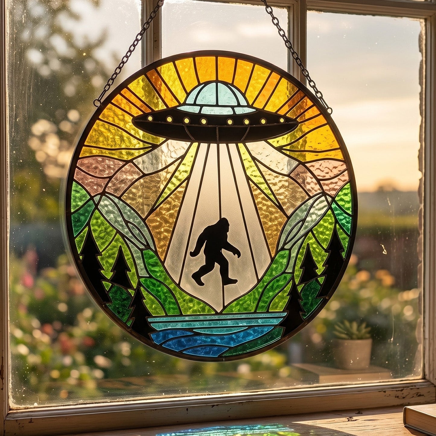 Bigfoot UFO Stain Glass Suncatcher