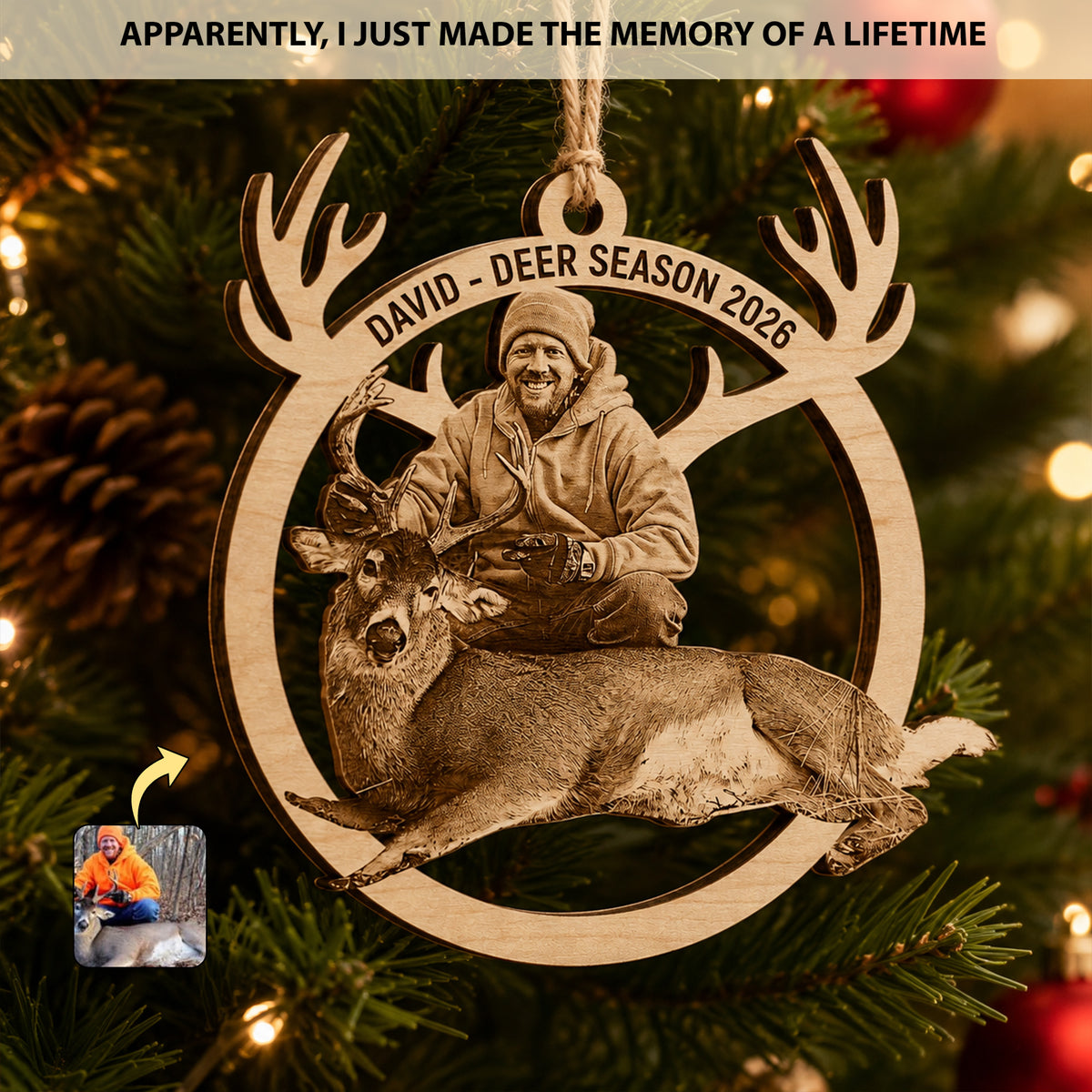 Personalized Hunting Photo Ornament - Custom Wooden Antler Christmas Keepsake