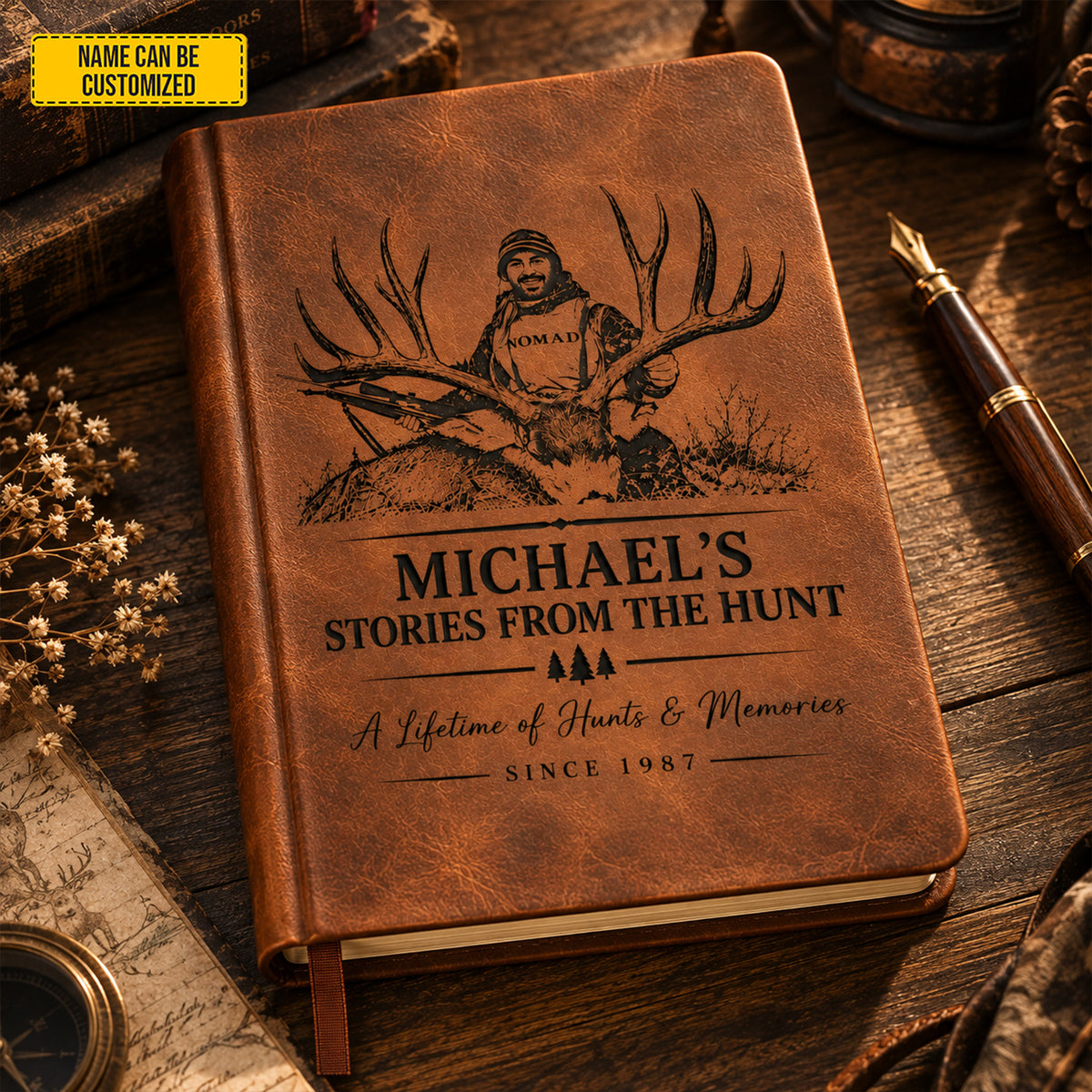 Personalized Hunting Leather Journal, Custom Hunter Name & Photo Notebook, Deer Hunting Log Book