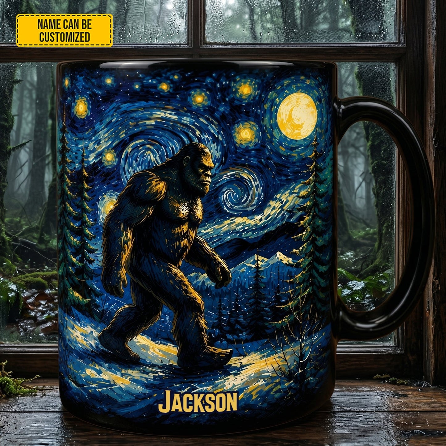 Starry Night Bigfoot - Personalized Bigfoot Black Mug