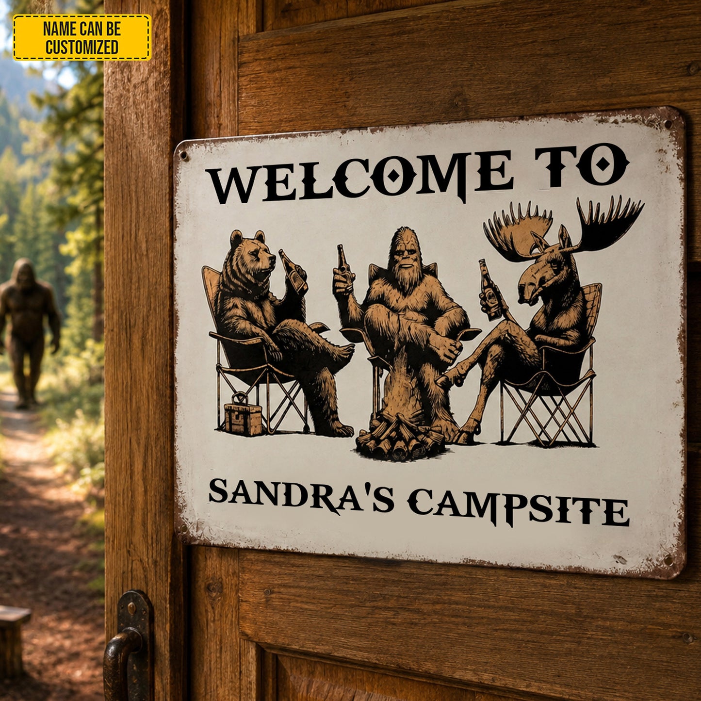 Personalized Campsite Metal Sign - Bear Bigfoot Moose Camping Decor
