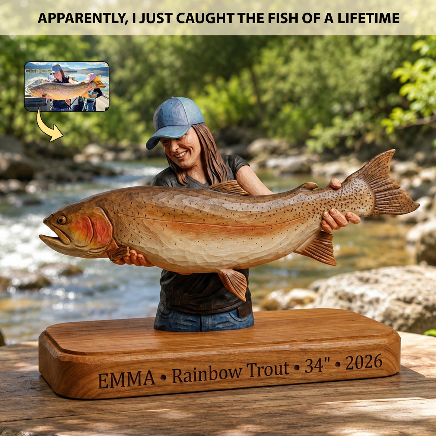 Custom Fishing Memory Carved Wooden Statue – Personalized Wooden Block