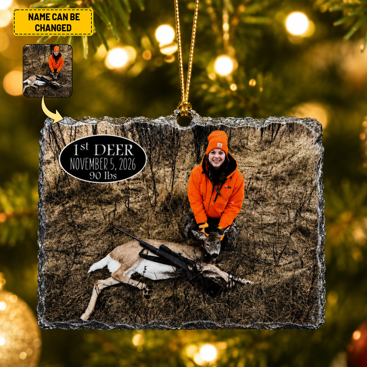 Custom First Deer Hunting Photo Ornament - Personalized Slate Stone Christmas Tree Decoration