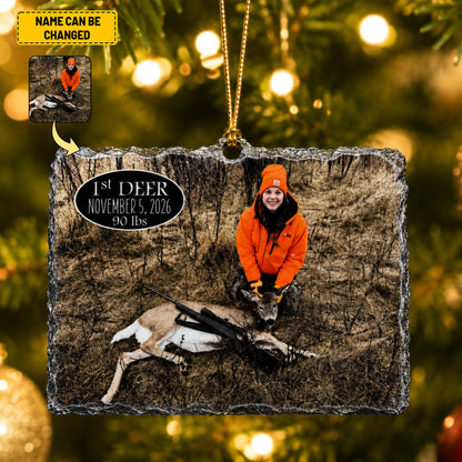 Custom First Deer Hunting Photo Ornament - Personalized Slate Stone Christmas Tree Decoration