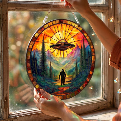 Bigfoot UFO Stain Glass Suncatcher