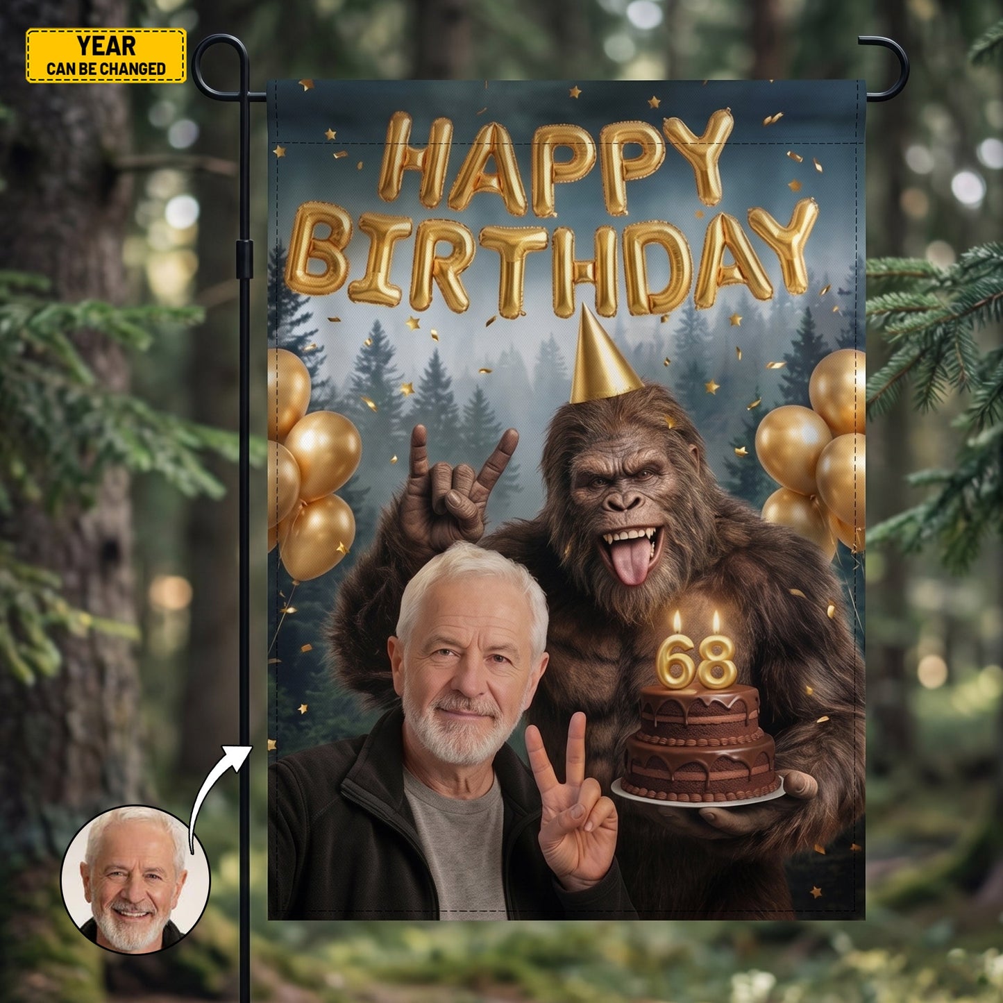 Personalized Funny Custom Photo Bigfoot Birthday Garden Flag