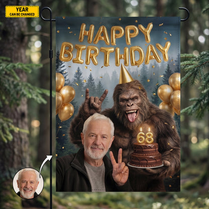 Personalized Funny Custom Photo Bigfoot Birthday Garden Flag