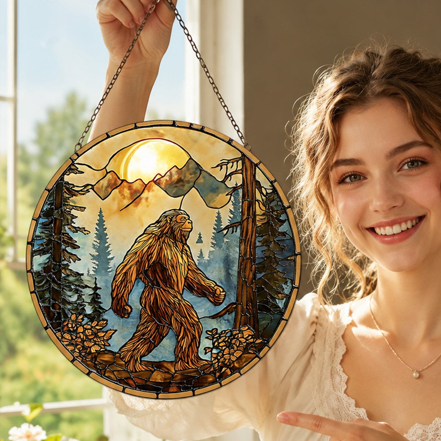 Bigfoot Mountain Sunset Stained Glass Suncatcher