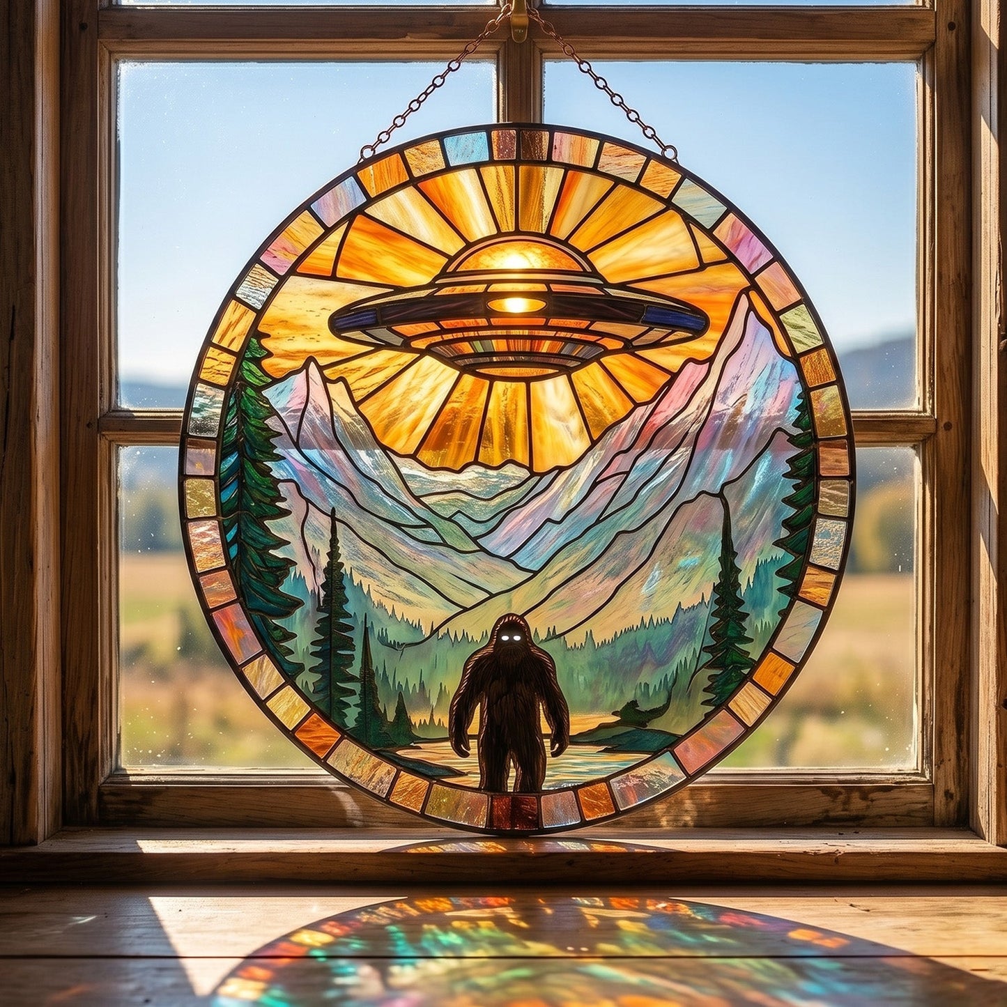 Bigfoot UFO Stain Glass Suncatcher