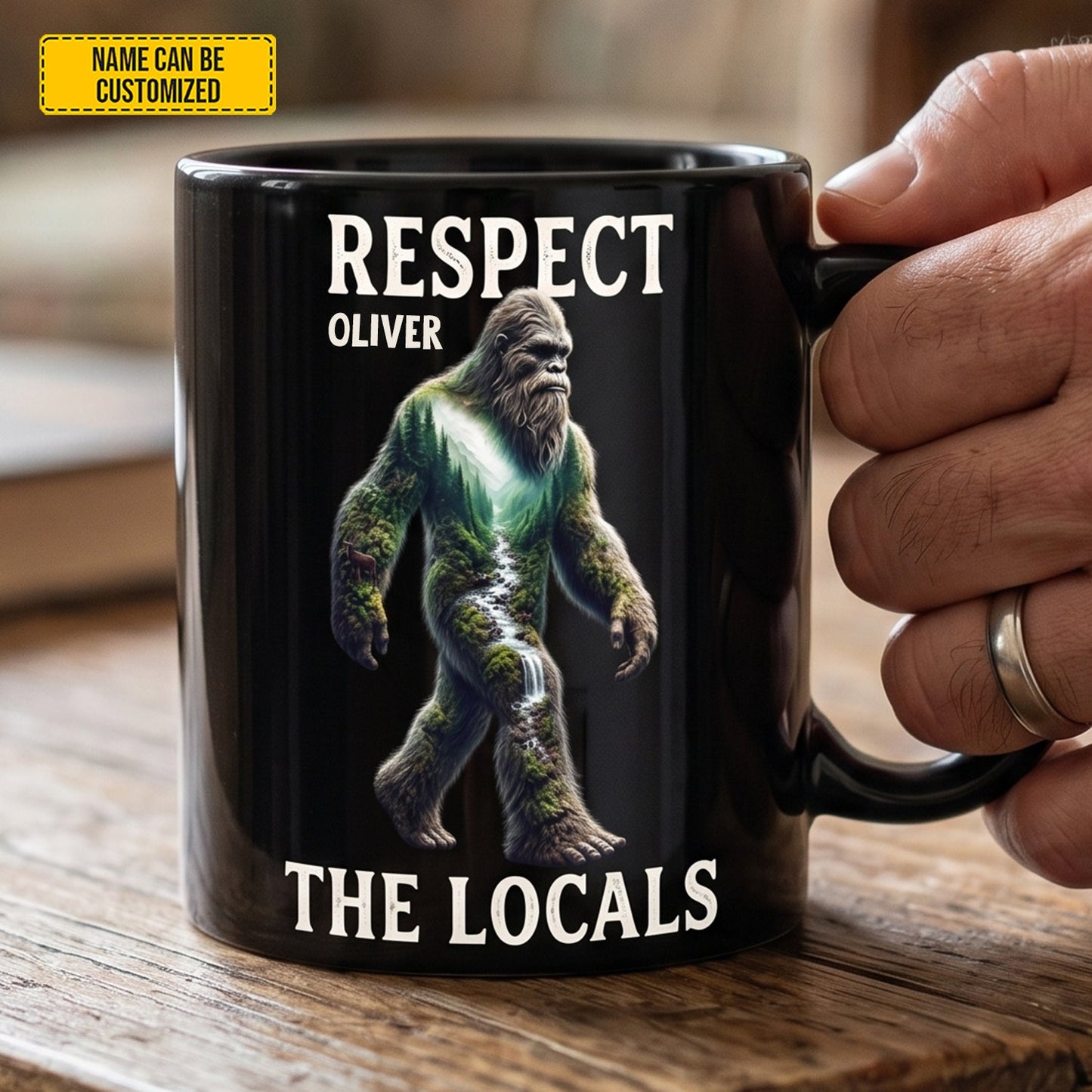 Respect The Locals – Personalized Bigfoot Black Mug