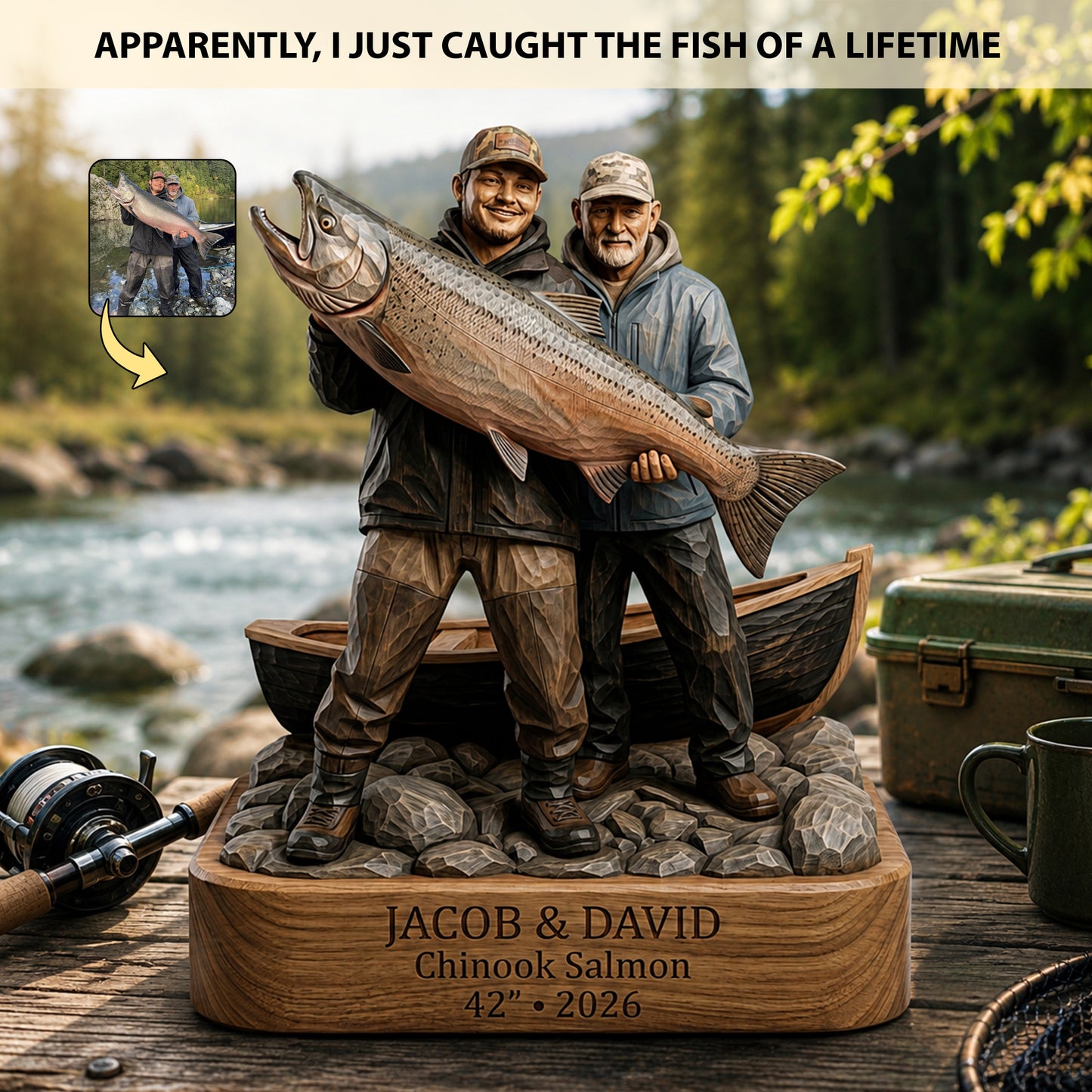Custom Fishing Memory Carved Wooden Statue – Personalized Wooden Block