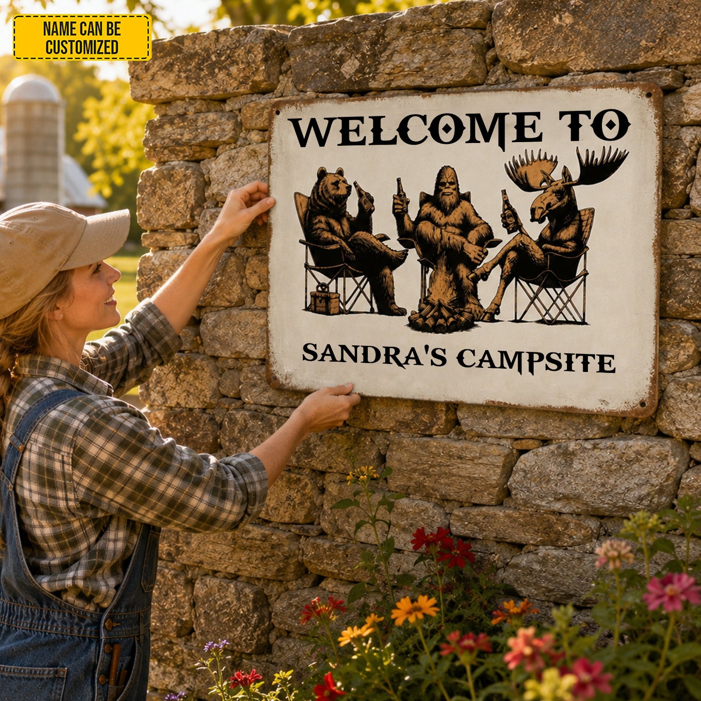 Personalized Campsite Metal Sign - Bear Bigfoot Moose Camping Decor